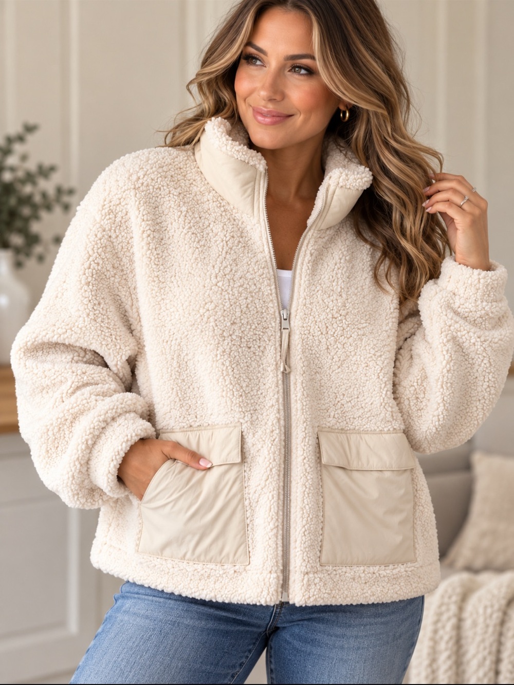 Reitmans Cream Sherpa Full-Zip Bomber Jacket NWT